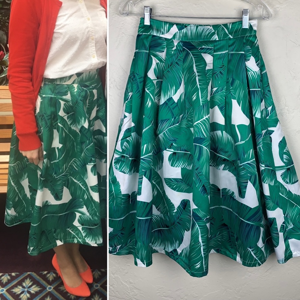 Vintage Palm Leaf Full A-Line Midi Skirt